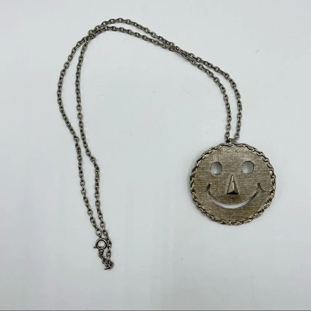 Vintage Silver Smiley Face Necklace on Long Chain
